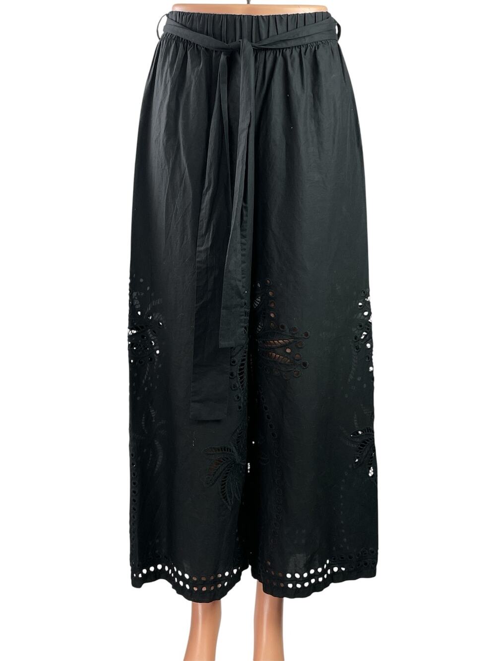 Moutaki Black Eyelet Embroidered Belted High Waist Wide Leg Trousers Pants Sz S